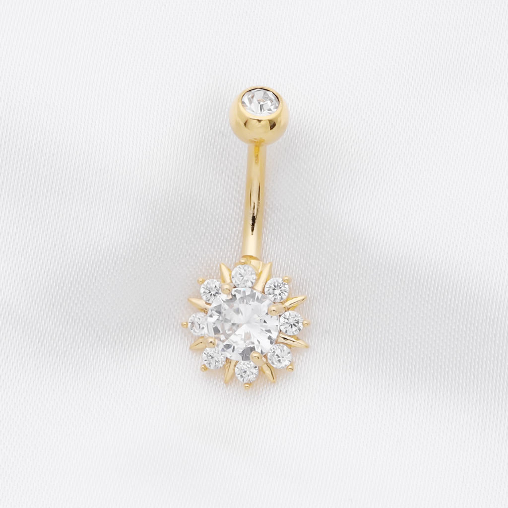 Round CZ Sunburst Belly Button Ring - Gold-Belly Ring, Body Piercing Jewellery, Cubic Zirconia, New-bj0363-G2_1-Glitters
