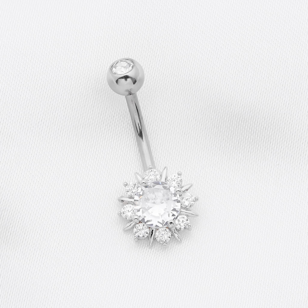 Round CZ Sunburst Belly Button Ring - Silver-Belly Ring, Body Piercing Jewellery, Cubic Zirconia, New-bj0363-s2_1-Glitters