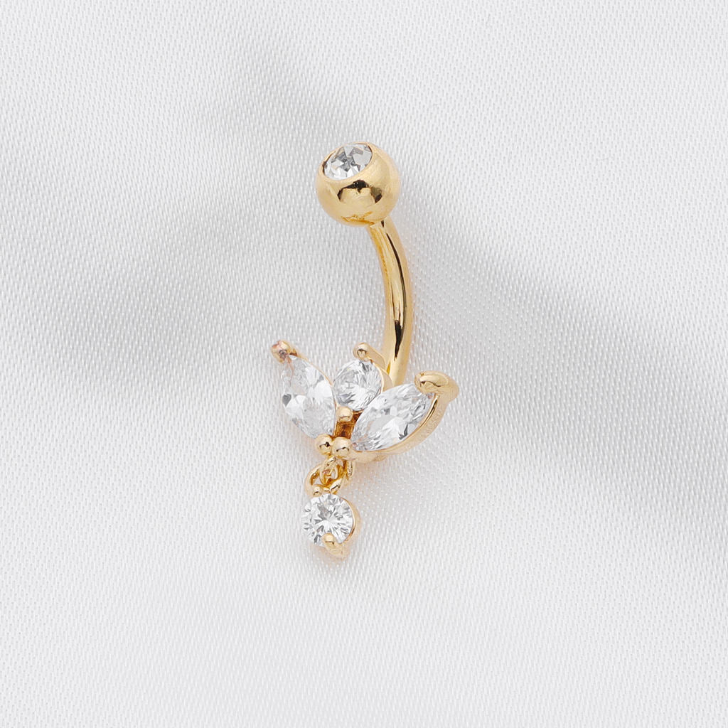 Marquise-Cut C.Z Sprout Belly Button Ring - Gold-Belly Ring, Body Piercing Jewellery, Cubic Zirconia, New-bj0364-g2_1-Glitters