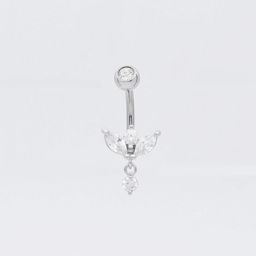 Marquise-Cut C.Z Sprout Belly Button Ring - Silver-Belly Ring, Body Piercing Jewellery, Cubic Zirconia, New-bj0364-s1_1-Glitters