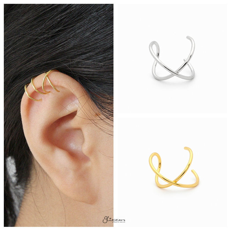 Non Pierced Sterling Silver Cross Line Conch Ear Cuff - Gold-Body Piercing Jewellery, Conch Earrings, Ear Cuffs, earrings, Jewellery, Non-Pierced, Women's Earrings, Women's Jewellery-ec0066-m_027e14ec-8d67-45e9-bbcb-f91c849d88d4-Glitters