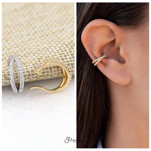 C.Z Paved Criss Cross Ear Cuffs - Non Piercing Ear Cuffs-Body Piercing Jewellery, Cubic Zirconia, Ear Cuffs, earrings, Jewellery, Women's Earrings, Women's Jewellery-ec0083-M-600-Glitters