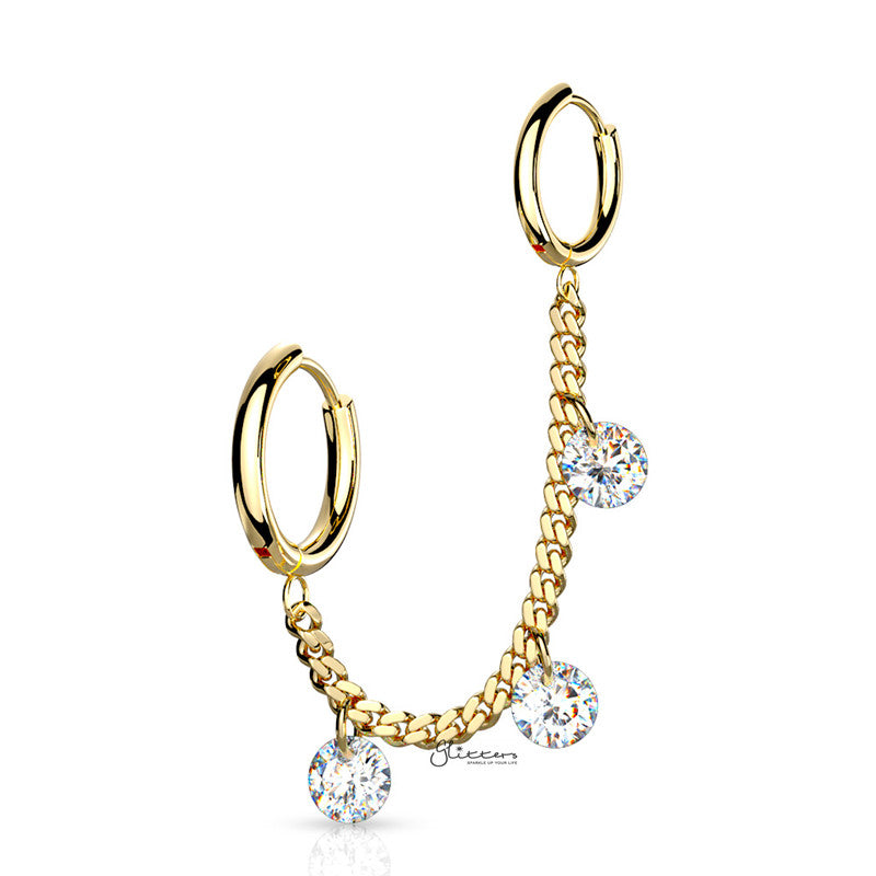 3 CZ Dangle 316L Surgical Steel Chain Linked Ear Huggie Hoops - Gold-Body Piercing Jewellery, Cubic Zirconia, Ear Chain, Ear Cuffs, Earrings, Jewellery-ec0104g-Glitters