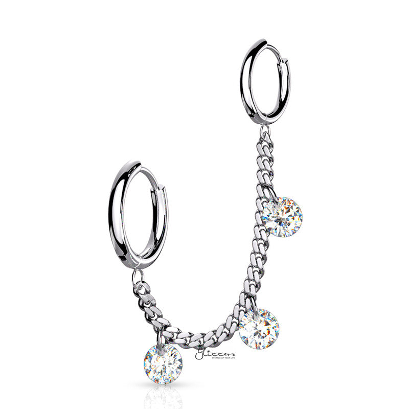 3 CZ Dangle 316L Surgical Steel Chain Linked Ear Huggie Hoops - Silver-Body Piercing Jewellery, Cubic Zirconia, Ear Chain, Ear Cuffs, Earrings, Jewellery-ec0104s-Glitters
