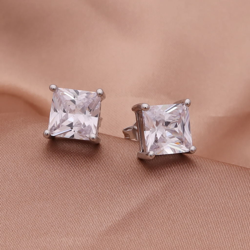 Rhodium Plated Clear Square C.Z Stud Earrings-Cubic Zirconia, earrings, Iced Out, Jewellery, Men's Earrings, Men's Jewellery, Stud Earrings, Women's Earrings, Women's Jewellery-er0007-sw-new-Glitters