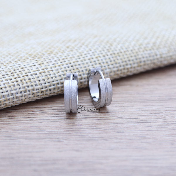 Stainless Steel Sand Sparkle Hinged Earrings with Striped Center-earrings, Hoop Earrings, Huggie Earrings, Jewellery, Men's Earrings, Men's Jewellery, Stainless Steel, Women's Earrings, Women's Jewellery-er012206S-Glitters