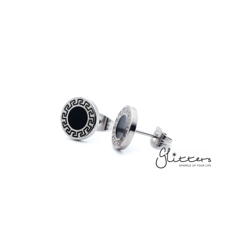 Stainless Steel Greek Key Pattern Stud Earrings-earrings, Jewellery, Men's Earrings, Men's Jewellery, Stainless Steel, Stud Earrings, Women's Earrings-er1446-1-Glitters