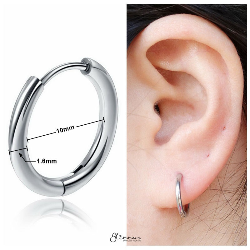 Stainless Steel Round Huggie Hoop Earring - Silver-earrings, Hoop Earrings, Huggie Earrings, Jewellery, Men's Earrings, Men's Jewellery, Stainless Steel, Women's Earrings, Women's Jewellery-er1474-s1_10mm_New-Glitters