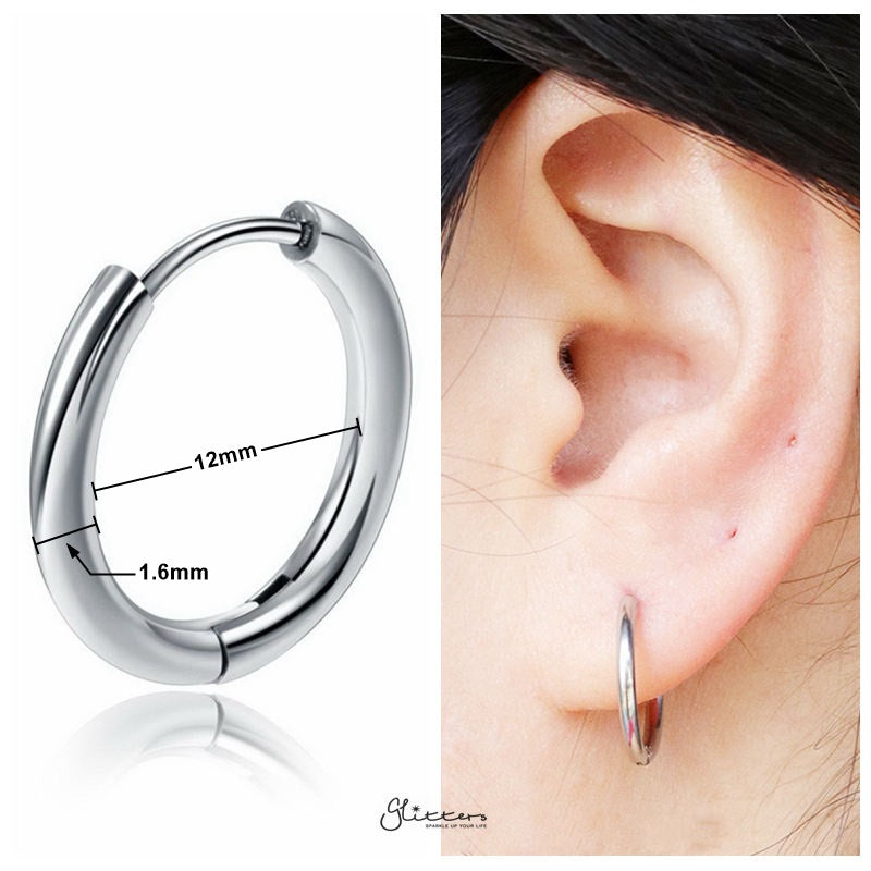 Stainless Steel Round Huggie Hoop Earring - Silver-earrings, Hoop Earrings, Huggie Earrings, Jewellery, Men's Earrings, Men's Jewellery, Stainless Steel, Women's Earrings, Women's Jewellery-er1474-s1_12mm_New-Glitters