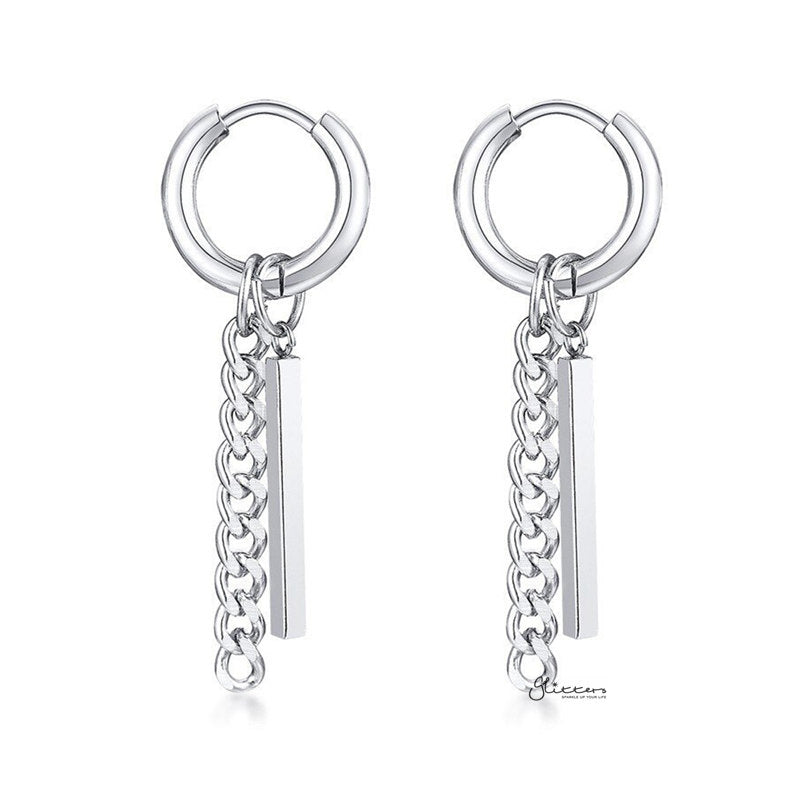 Stainless Steel Drop Bar with Chain Huggie Hoop Earrings - Silver-Chain Earring, earrings, Hoop Earrings, Huggie Earrings, Jewellery, Men's Earrings, Men's Jewellery, Out of stock, Stainless Steel, Women's Earrings-er1488-s-1_800-Glitters