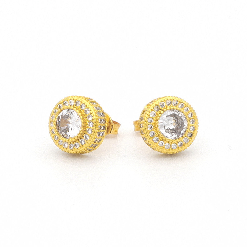 Iced Out 10mm Round Stud Earrings - Gold-Cubic Zirconia, earrings, Hip Hop Earrings, Iced Out, Jewellery, Men's Earrings, Men's Jewellery, New, Stud Earrings, Women's Earrings, Women's Jewellery-er1569-g2_1-Glitters
