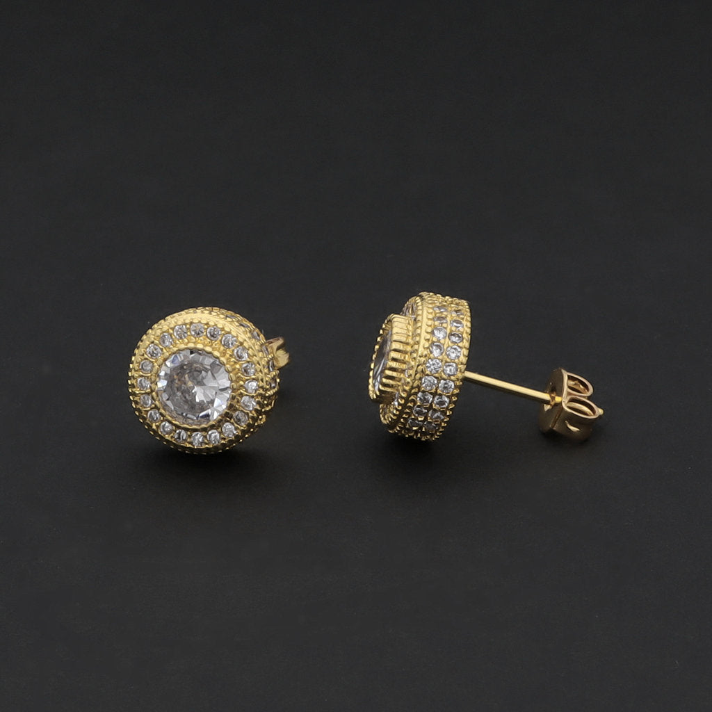 Iced Out 10mm Round Stud Earrings - Gold-Cubic Zirconia, earrings, Hip Hop Earrings, Iced Out, Jewellery, Men's Earrings, Men's Jewellery, New, Stud Earrings, Women's Earrings, Women's Jewellery-er1569-g5_1-Glitters