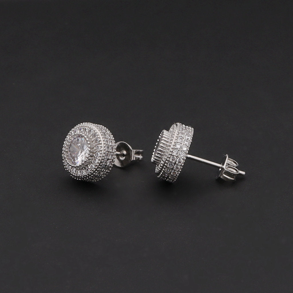 Iced Out 10mm Round Stud Earrings - Silver-Cubic Zirconia, earrings, Hip Hop Earrings, Iced Out, Jewellery, Men's Earrings, Men's Jewellery, New, Stud Earrings, Women's Earrings, Women's Jewellery-er1569-s4_1-Glitters