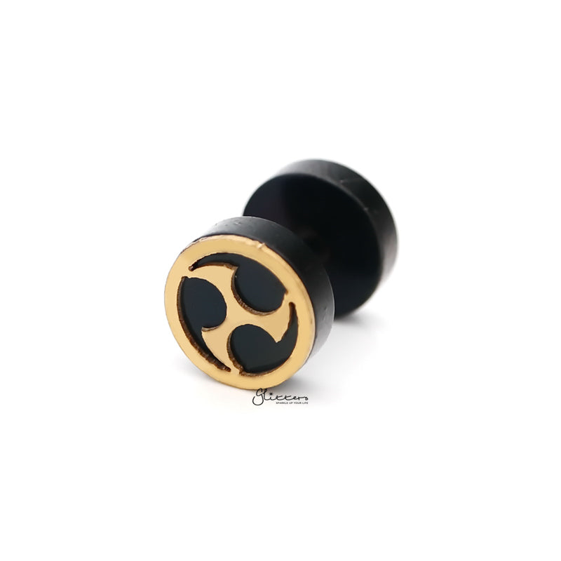 Black Round Fake Plug Earring with Gold Zed Shuriken-Body Piercing Jewellery, earrings, Fake Plug, Jewellery, Men's Earrings, Men's Jewellery, Stainless Steel-fp0162-3_800-Glitters