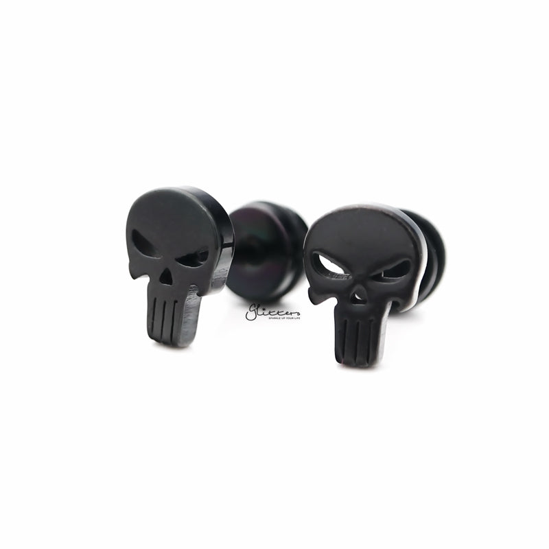 Punisher Skull Fake Plug Earring - Black-Body Piercing Jewellery, earrings, Fake Plug, Jewellery, Men's Earrings, Men's Jewellery, Stainless Steel-fp0165-K-3_800-Glitters