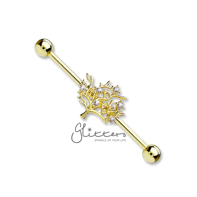 Surgical Steel Industrial Barbells with Multi CZ Set Life of Tree-Gold-Body Piercing Jewellery, Cubic Zirconia, Industrial Barbell-ib0003-tree-g-1-Glitters