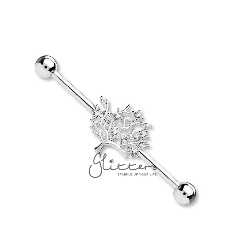 Surgical Steel Industrial Barbells with Multi CZ Set Life Tree Center-Body Piercing Jewellery, Cubic Zirconia, Industrial Barbell-ib0003-tree-s-1-Glitters
