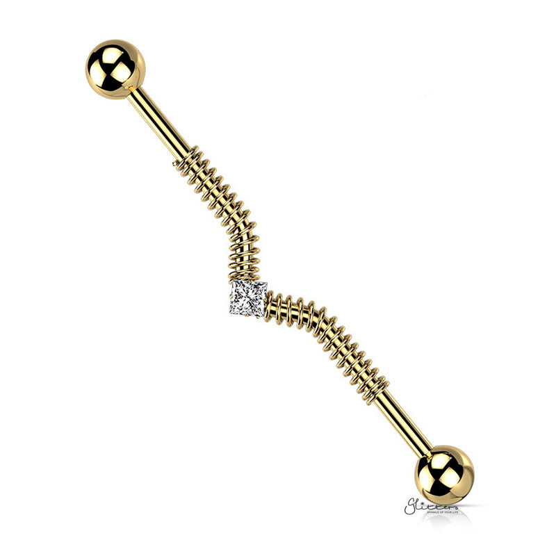 Spring Coil and Square Center CZ Industrial Barbell - Gold-Body Piercing Jewellery, Cubic Zirconia, Industrial Barbell-ib0041-g1_800-Glitters