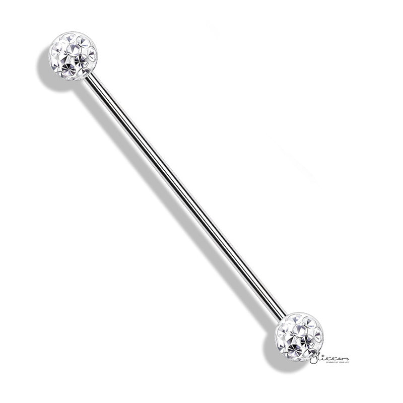 Epoxy Covered Crystal Paved Balls Industrial Barbell - Silver-Body Piercing Jewellery, Industrial Barbell-ib0042-C-Glitters