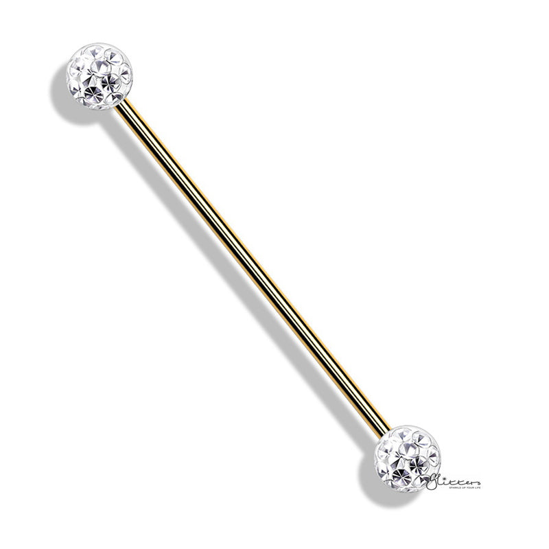 Epoxy Covered Crystal Paved Balls Industrial Barbell - Gold-Body Piercing Jewellery, Industrial Barbell-ib0042-G-Glitters