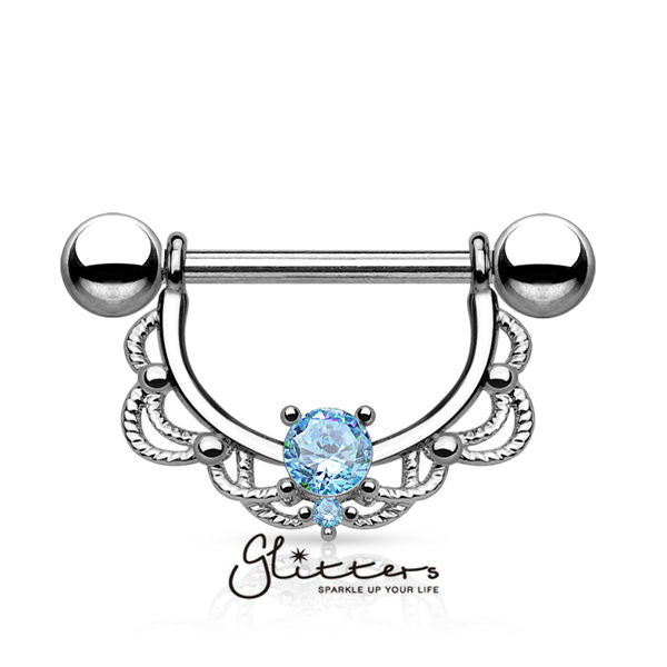 CZ Centered Filigree Drop 316L Surgical Steel Nipple Rings-Body Piercing Jewellery, Cubic Zirconia, Nipple Barbell-nb0011-3-Glitters