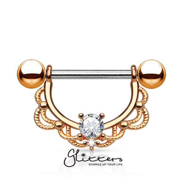 CZ Centered Filigree Drop 316L Surgical Steel Nipple Rings-Body Piercing Jewellery, Cubic Zirconia, Nipple Barbell-nb0011-5-Glitters