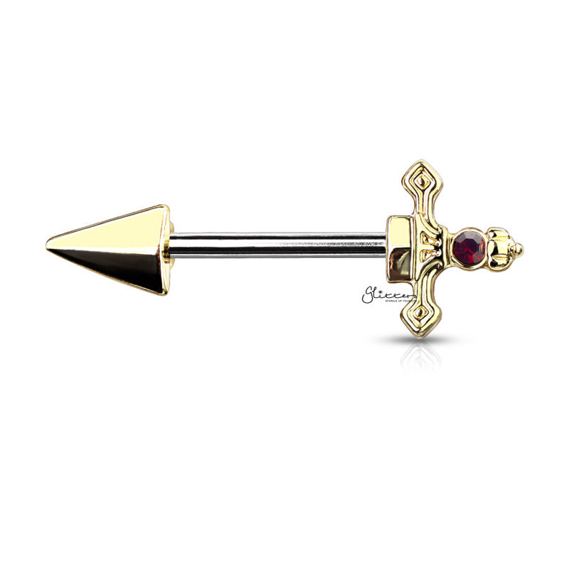 Red Gem Set Dagger Nipple Barbell - Gold-Body Piercing Jewellery, Dagger, Nipple Barbell-nb0024-g-Glitters