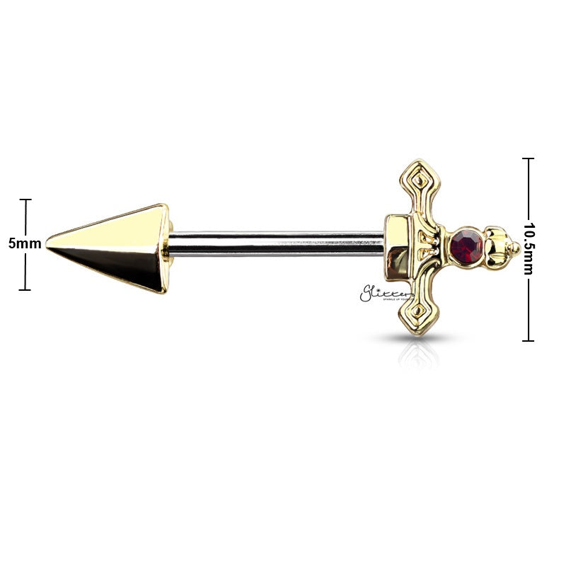 Red Gem Set Dagger Nipple Barbell - Gold-Body Piercing Jewellery, Dagger, Nipple Barbell-nb0024-g_New-Glitters