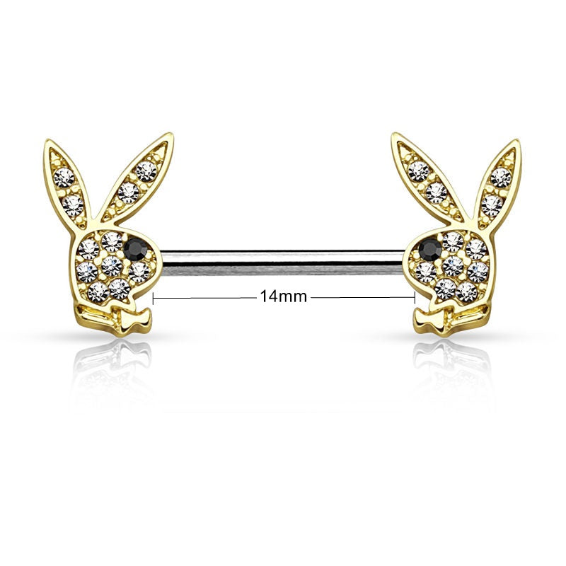 Playboy Bunny Ends Nipple Barbell - Gold-Body Piercing Jewellery, Nipple Barbell-nb0027-g_New-Glitters
