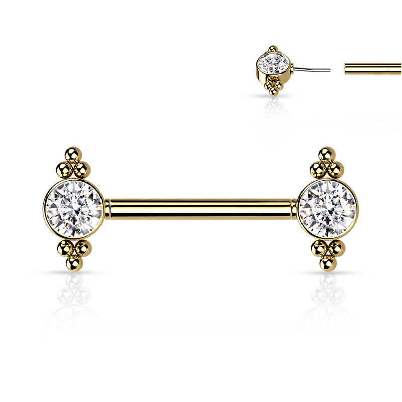 CZ and Ball Clusters Push in Nipple Barbell - Gold-Body Piercing Jewellery, Cubic Zirconia, Nipple Barbell-nb0029-g-1-Glitters