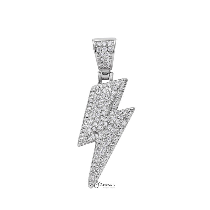 Iced Out Lightning Bolt Pendant - Silver-Hip Hop, Hip Hop Pendant, Iced Out, Men's Necklace, Necklaces, Pendants-nk1073S1-Glitters