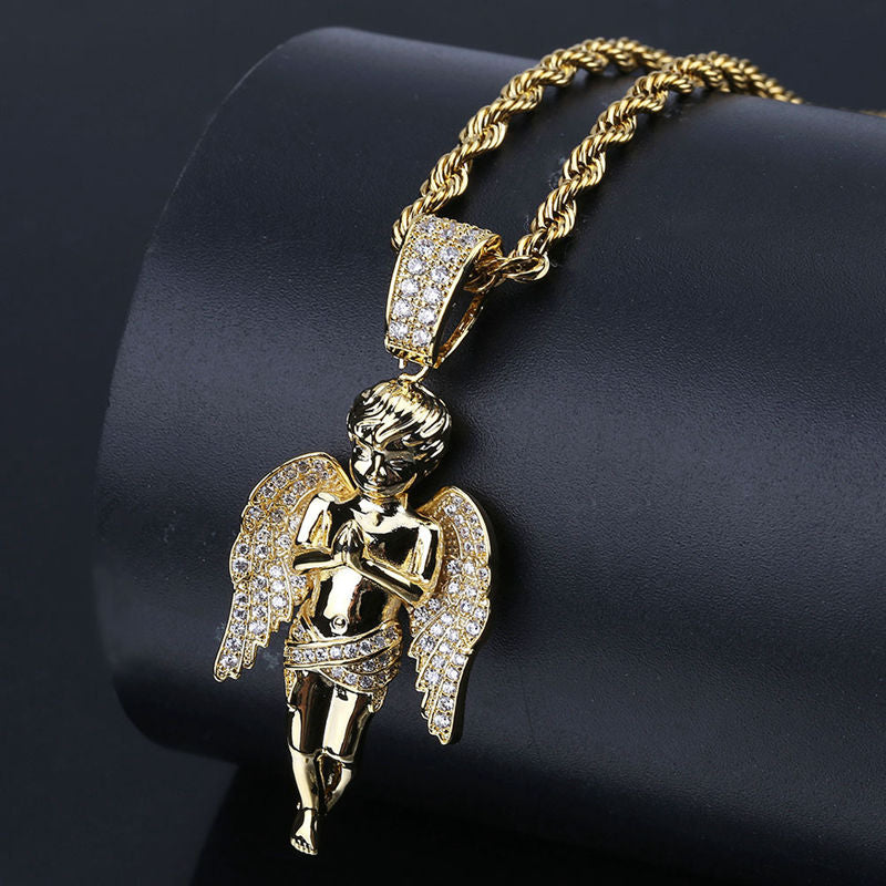 Iced Out Praying Angel Pendant - Gold-Hip Hop, Hip Hop Pendant, Iced Out, Men's Necklace, Necklaces, Pendants-nk1083-3-Glitters