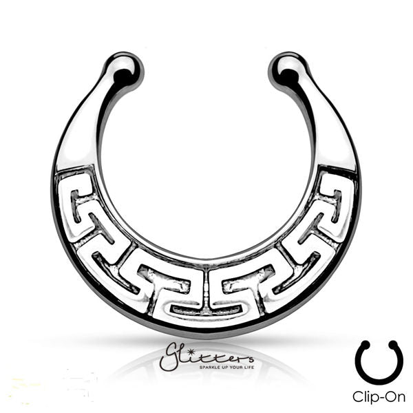 Non Piercing Maze Tribal Fan Design Fake Septum Hanger-Silver-Body Piercing Jewellery, Nose, Septum Ring-ns0042-2-Glitters