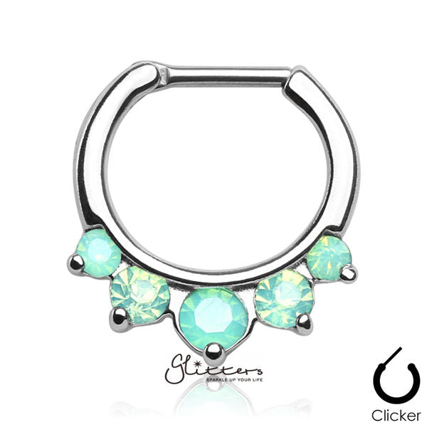 316L Surgical Steel Five Pronged Opalites Septum Clicker-Green-Body Piercing Jewellery, Nose, Septum Ring-ns0047-2-Glitters