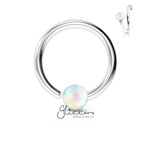 316L Surgical Steel Opal Ball Fixed On End Hoop Ring-Opal White-Body Piercing Jewellery, Captive Ring, Nipple Barbell, Septum Ring-ns0066-CP0014-2-Glitters