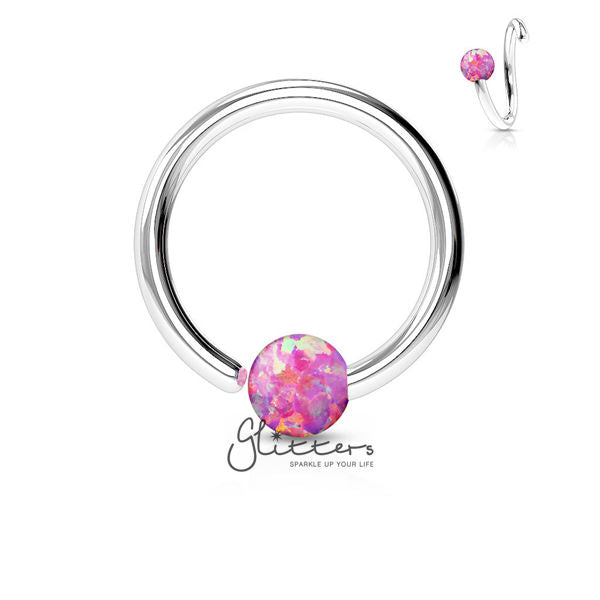 316L Surgical Steel Opal Ball Fixed On End Hoop Ring-Opal Pink-Body Piercing Jewellery, Captive Ring, Nipple Barbell, Septum Ring-ns0066-CP0014-3-Glitters