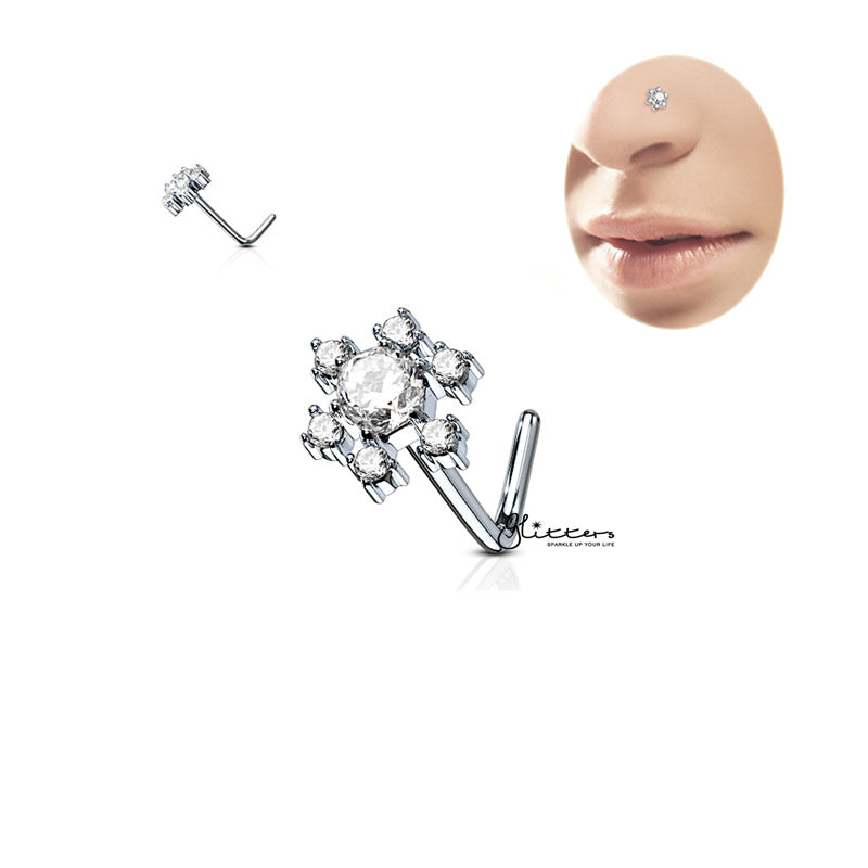316L Surgical Steel CZ Flower L Bend Nose Stud Rings-Body Piercing Jewellery, Cubic Zirconia, L Bend, Nose Piercing Jewellery, Nose Studs-ns0079-800-Glitters