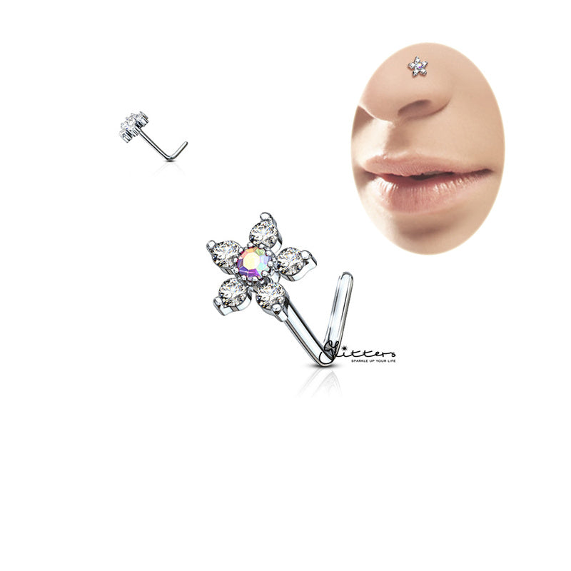 316L Surgical Steel with 6 C.Z Flower L Bend Nose Stud Ring-Body Piercing Jewellery, Cubic Zirconia, L Bend, Nose Piercing Jewellery, Nose Studs-ns0080-800-Glitters