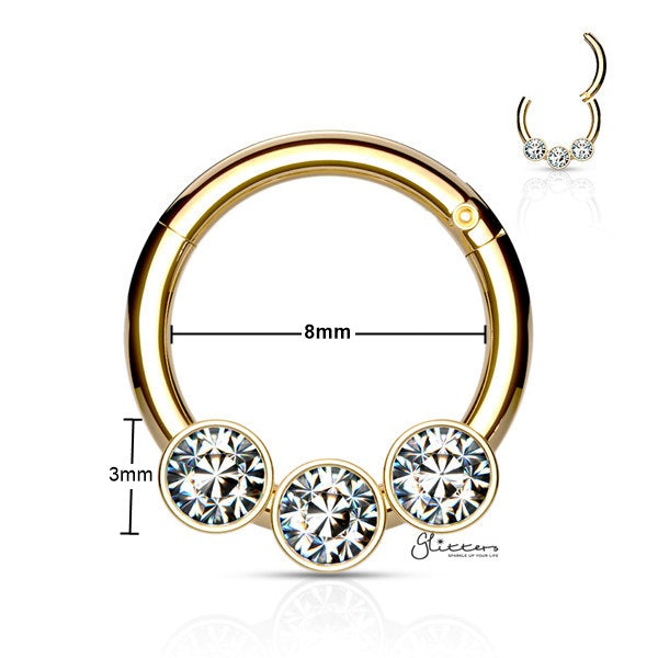 316L Surgical Steel Hinged Segment Hoop Ring with 3 Crystals - Gold-Body Piercing Jewellery, Cartilage, Crystal, Daith, Nose, Septum Ring-ns0102-g2_600_New-Glitters