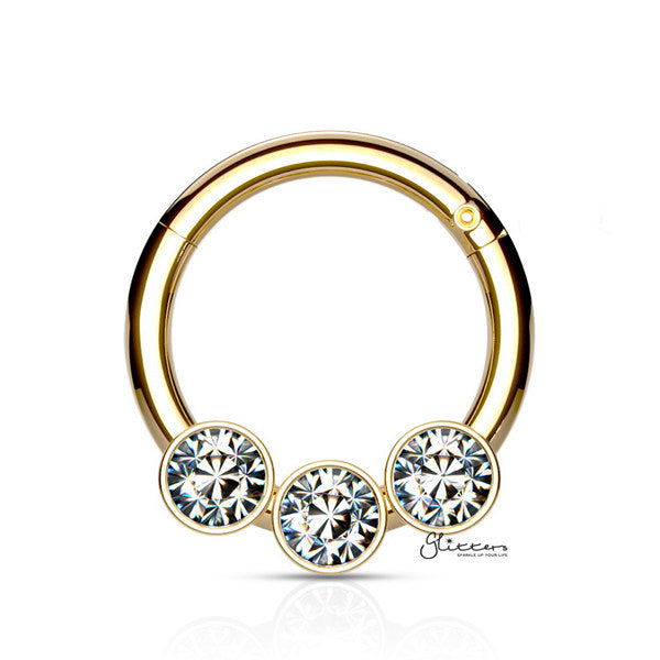 316L Surgical Steel Hinged Segment Hoop Ring with 3 Crystals - Gold-Body Piercing Jewellery, Cartilage, Crystal, Daith, Nose, Septum Ring-ns0102-g_600-Glitters