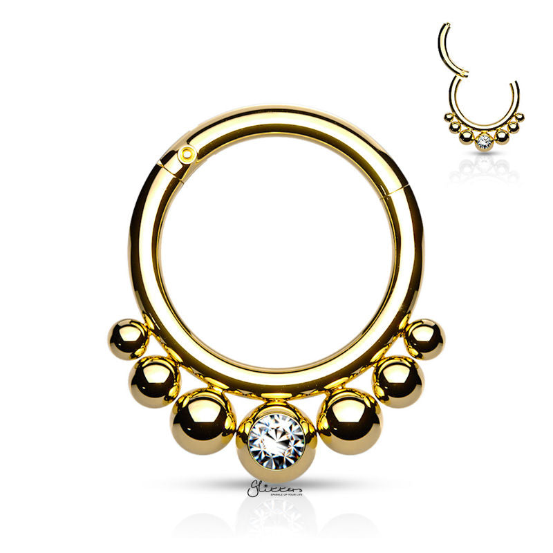 Graduated Balls and Bezel Set Crystal Center Segment Hoop Ring - Gold-Body Piercing Jewellery, Cartilage, Crystal, Daith, Nose, Septum Ring-ns0106-g-Glitters