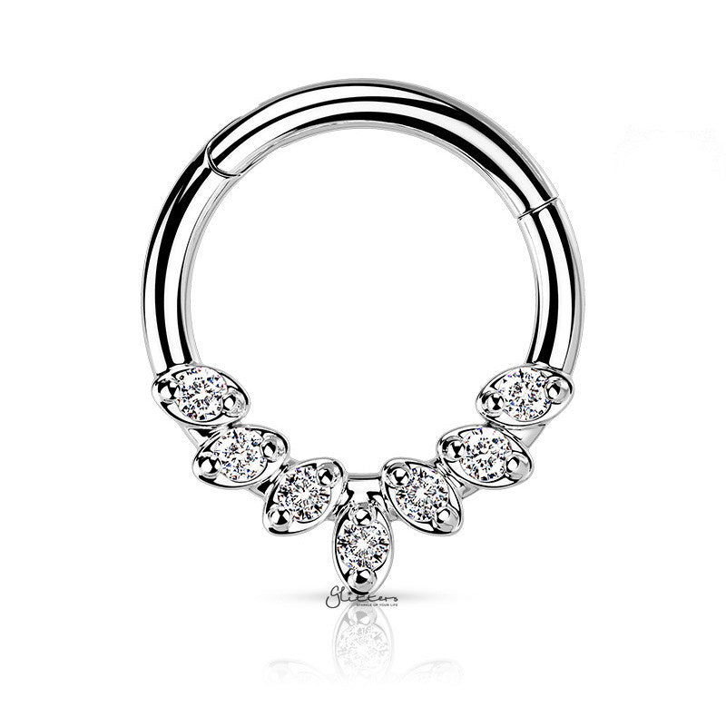 7 CZ Leaves Hinged Segment Septum Ring - Silver-Body Piercing Jewellery, Cartilage, Cubic Zirconia, Daith, Septum Ring-ns0133-s1-Glitters