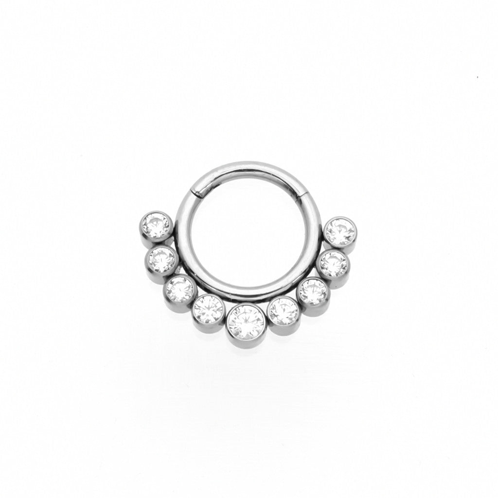 Titanium Hinged Segment Hoop Ring with Front Facing 9 CZ-Body Piercing Jewellery, Cartilage, Cubic Zirconia, Daith, G23 Titanium, Septum Ring-ns0136-1_1-Glitters