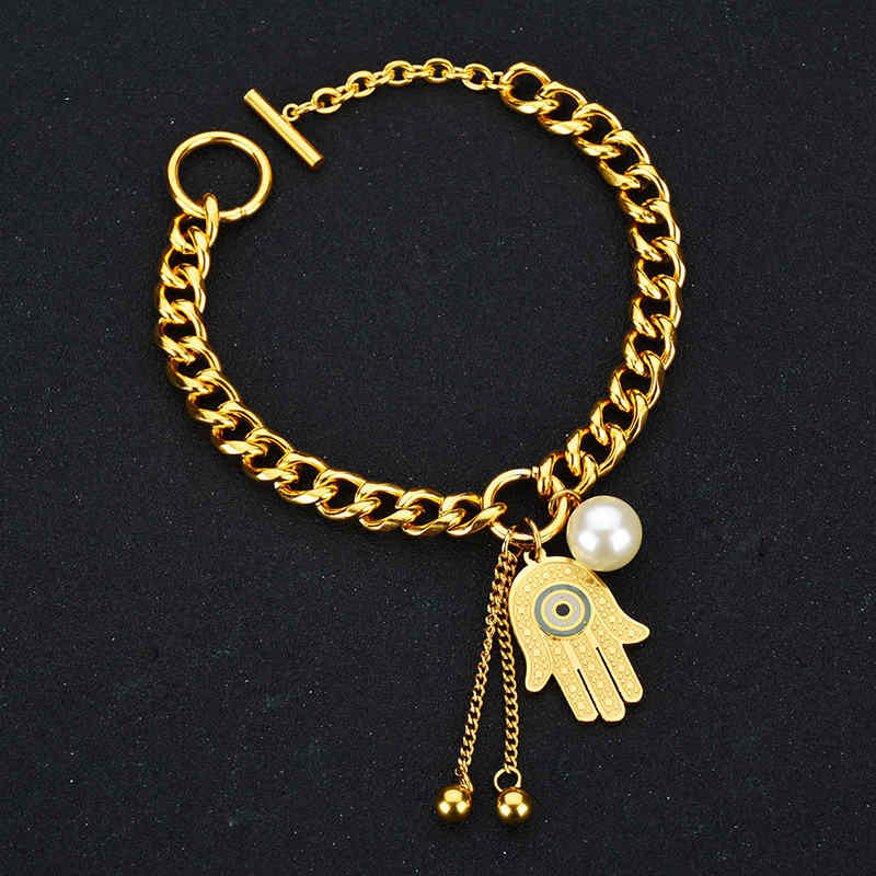 Stainless Steel Women's Bracelet with Dangle Hamsa Charms - Gold-Bracelets, Jewellery, Stainless Steel, Stainless Steel Bracelet, Women's Bracelet, Women's Jewellery-sb0075-2-800-Glitters