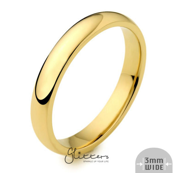 24K Gold Ion Plated over Stainless Steel 3mm Wide Glossy Mirror Polished Plain Band Ring-Jewellery, Men's Jewellery, Men's Rings, Plain Band, Rings, Stainless Steel, Stainless Steel Rings, Women's Jewellery, Women's Rings-sr0145-2-Glitters