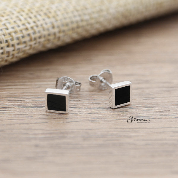 925 Sterling Silver Black Center Square Shape Stud Earrings-earrings, Jewellery, Stud Earrings, Women's Earrings, Women's Jewellery-sse0092-square01_600-Glitters