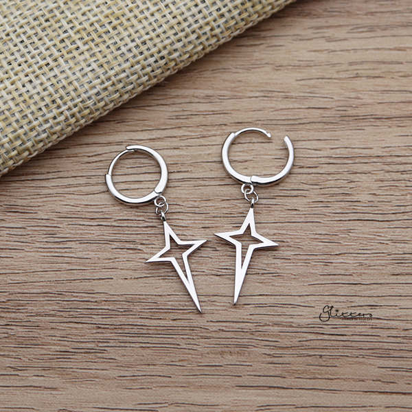 925 Sterling Silver Dangle Hollow Star One-Touch Huggie Hoop Earrings-earrings, Hoop Earrings, Jewellery, Women's Earrings, Women's Jewellery-sse0351-s_600-Glitters