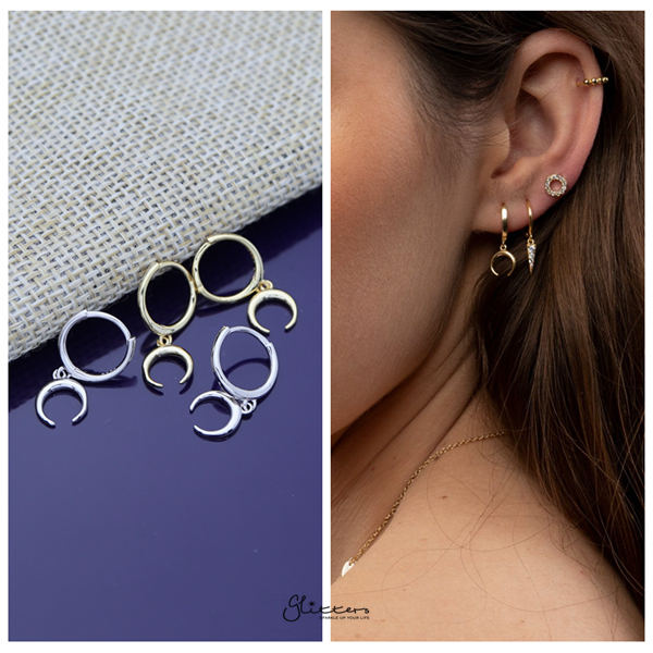 925 Sterling Silver Dangle Crescent Moon One-Touch Huggie Hoop Earrings-earrings, Hoop Earrings, Jewellery, Women's Earrings, Women's Jewellery-sse0380-m-Glitters