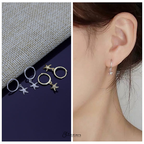 925 Sterling Silver Dangle Starfish One-Touch Huggie Hoop Earrings-earrings, Hoop Earrings, Jewellery, Women's Earrings, Women's Jewellery-sse0383-m-Glitters