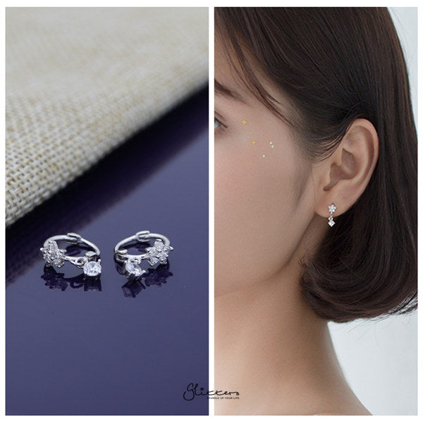 Sterling Silver C.Z Flower Hoop Earrings with Dangle Prong Set C.Z - Silver-Cubic Zirconia, earrings, Hoop Earrings, Jewellery, Women's Earrings, Women's Jewellery-sse0390-s-m-Glitters